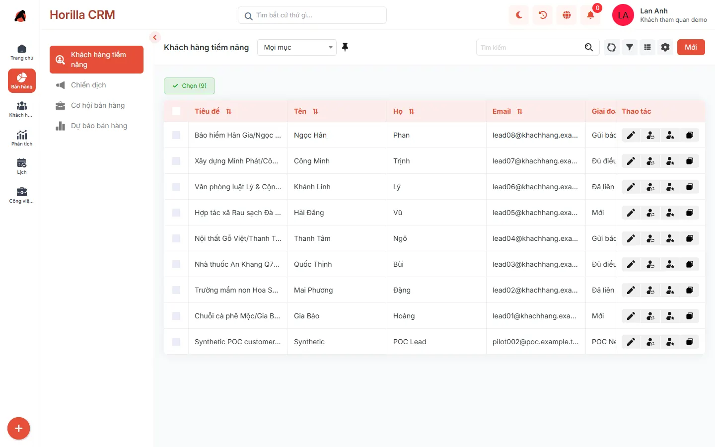 Danh sách lead trong CRM với trạng thái và người phụ trách
