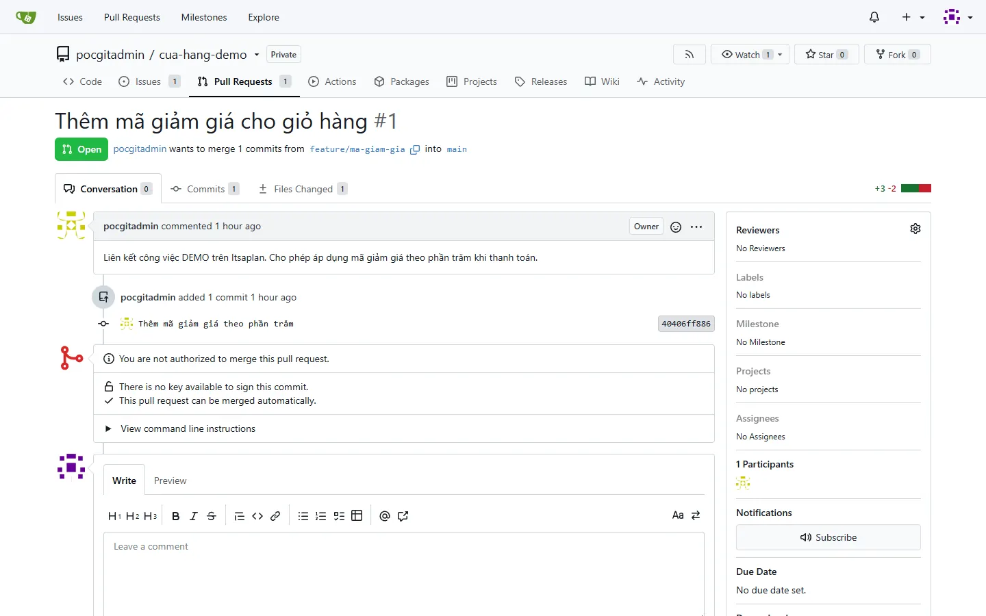 Pull request Thêm mã giảm giá cho giỏ hàng trên Gitea