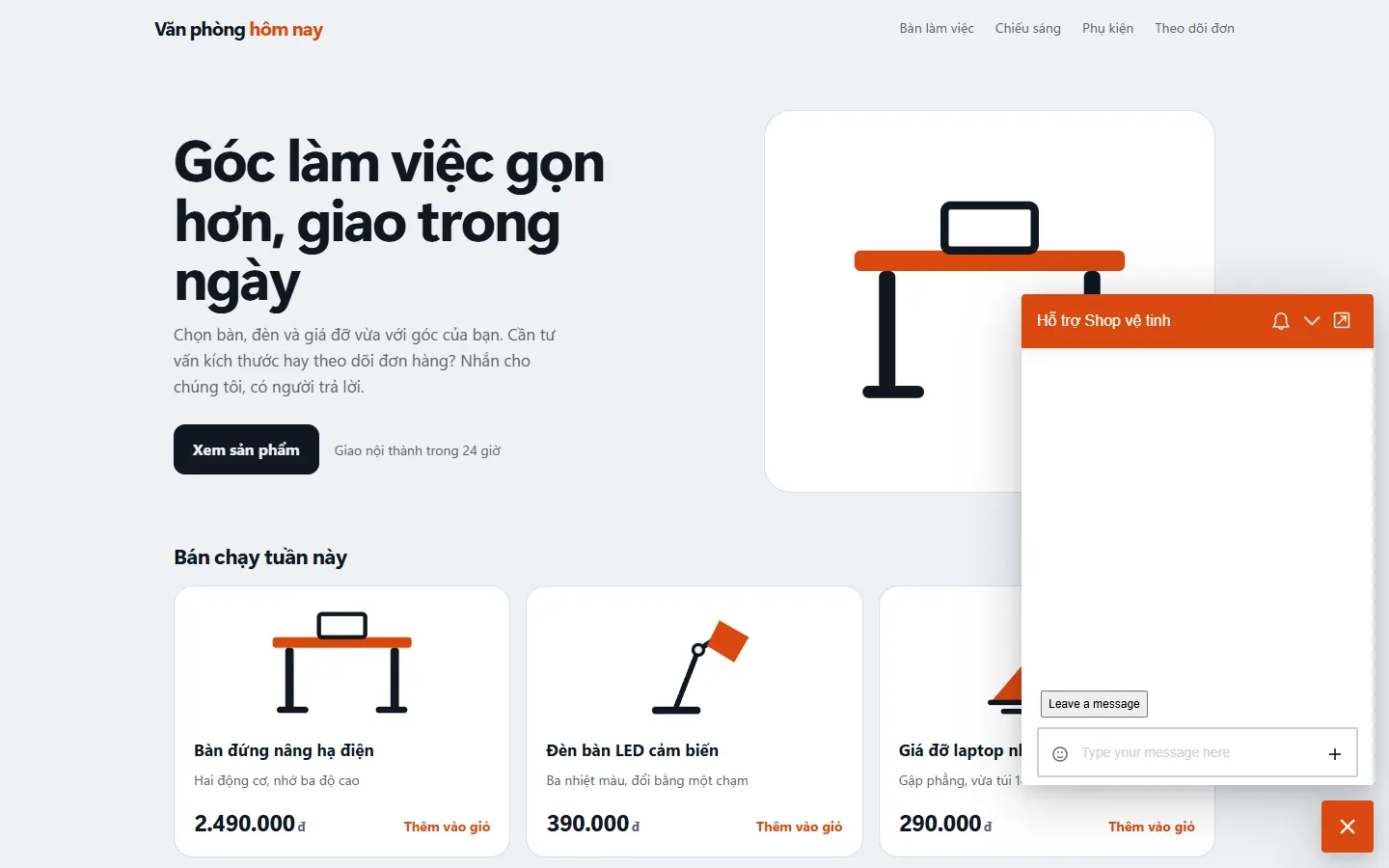 Site bán hàng mẫu với khung Livechat mở ở góc phải