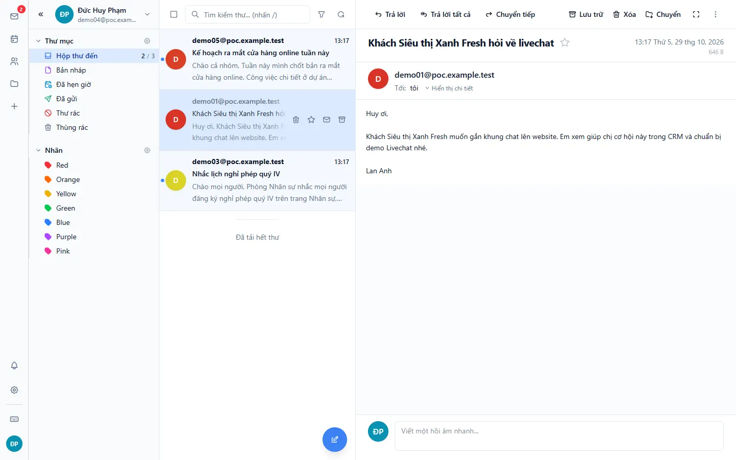 Webmail tiếng Việt với hộp thư đến và thư đang mở